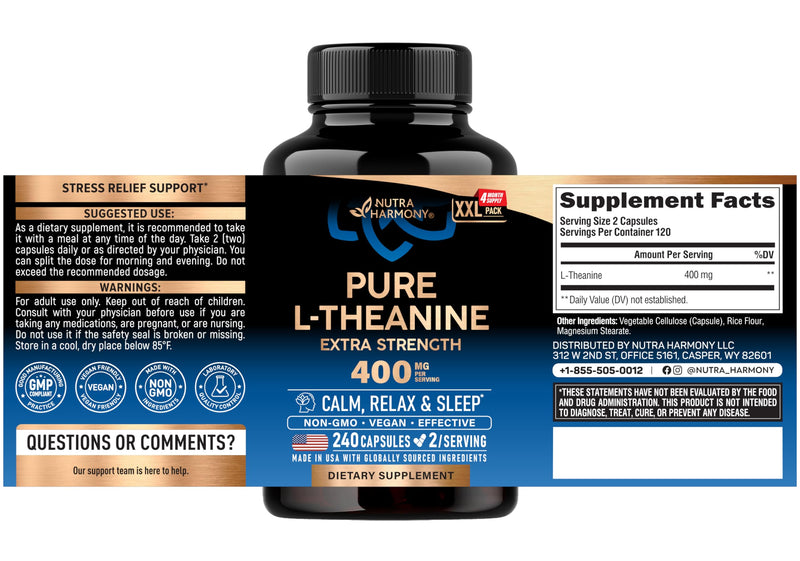 L-Theanine 400 mg - L Theanine for Stress Relief - Plant Based - 240 Caps | Extra Strength L Theanine Supplement for Men & Women - Relaxation, Sleep & Calm Support - Lab Tested, Vegan, Non-GMO 240 Count (Pack of 1)