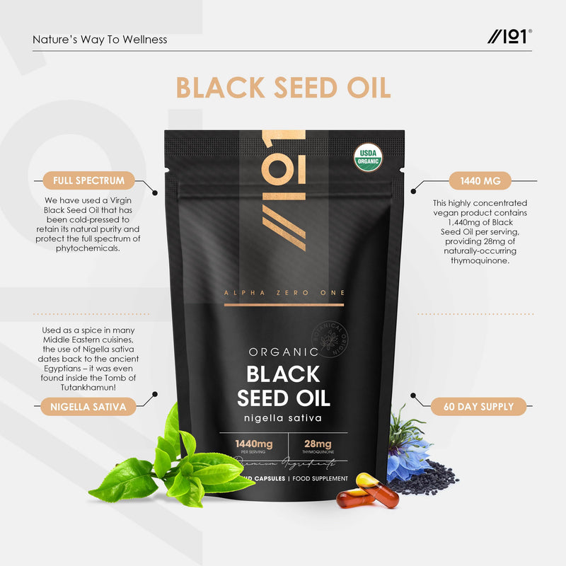 Organic Black Seed Oil Capsules 1440mg - 120 Vegan Softgels - High Strength 3X% Thymoquenine - Ethiopian Nigella Sativa - 2 Months Supply - Cold Pressed Virgin Oil - by Alpha01 1 count (Pack of 120)