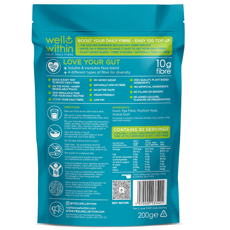 10g Fibre Supplement Powder, 1/3 NHS Daily Intake, 4in1 Insoluble & Soluble Fibre Powder, 4 Types of Fiber (200g Bag, 2 Servings = 10g Fiber) Well Within. for Men, Women & Kids Soluble + Insoluble Fibre