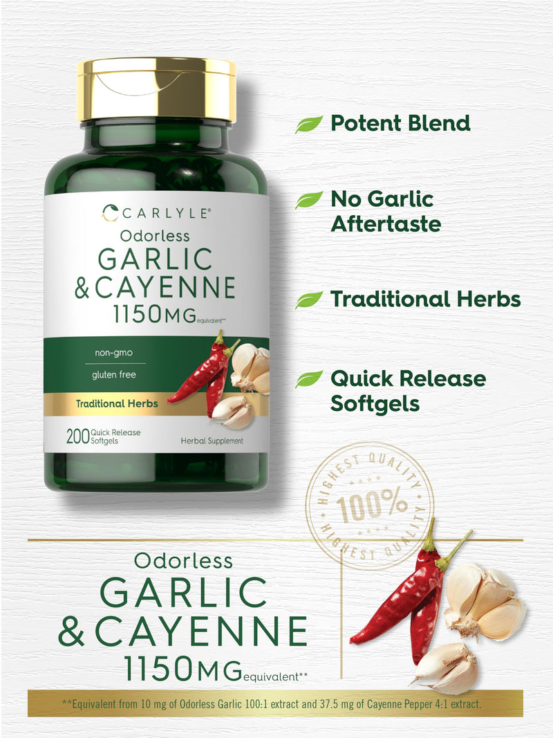 Carlyle Odorless Garlic and Cayenne 1150mg | 200 Softgels | Non-GMO, Gluten Free Supplement