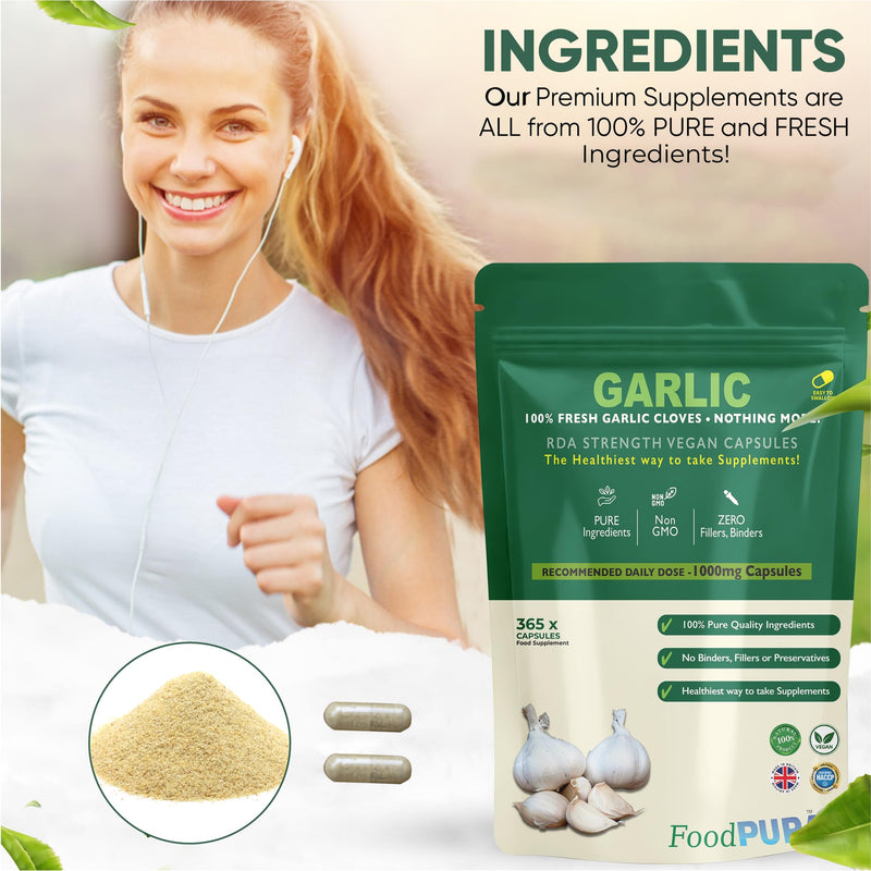 365 X Pure Garlic Capsules Recommended Daily Strength 1000mg - Capsules are The SAFEST Way to take Any Supplement! HACCP Certified, Manufactured in The UK. 365 count (Pack of 1)