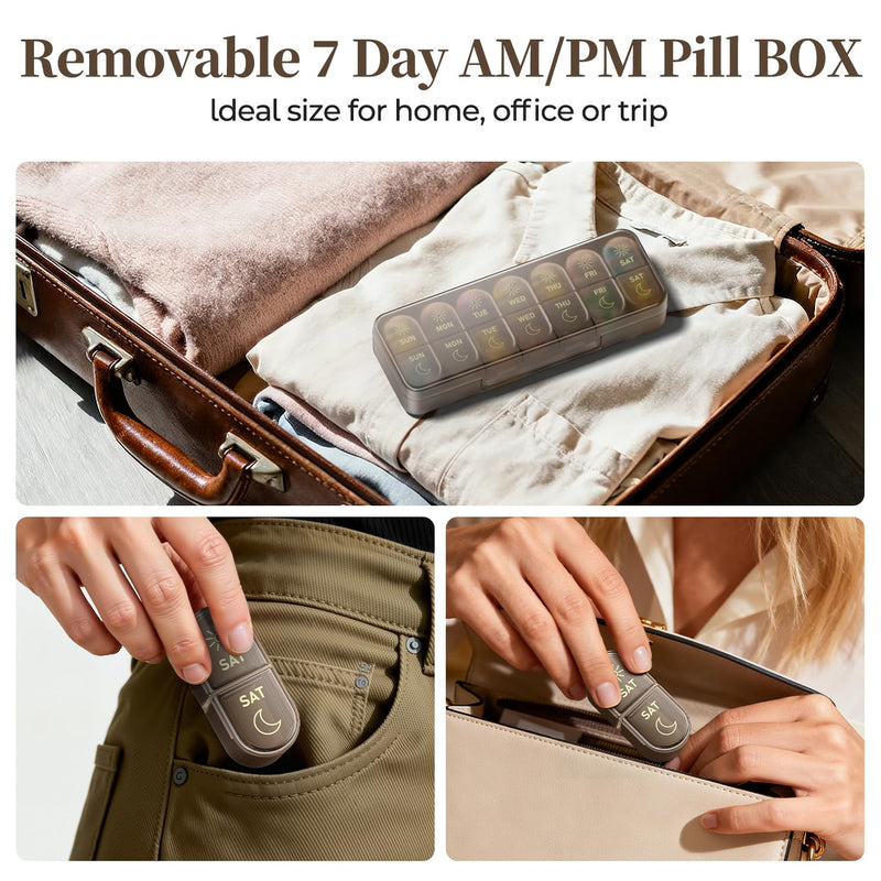 Betife AM PM Pill Organizer 7 Day, Weekly Pill Organizer Box 2 Times a Day | Portable Travel Pill Organizer, Cute, Easy Open, Airtight, Fashion, Dust-Proof, Reusable, Sturdy for Medication, Vitamin Brown