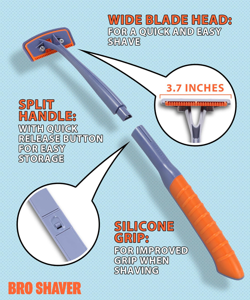 [Australia] - BroShaver 3.0, DIY Back & Body Hair Trimmer - Wet or Dry Shave for Men. Split Handle Razor with Ergonomic Grip 