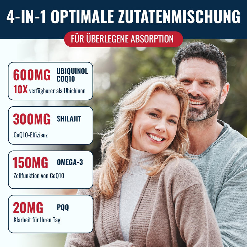 [Australia] - Ubiquinol CoQ10 600 mg Soft Gel Capsules with Shilajit Extract 300 mg, Omega-3 150 mg, PQQ 20 mg - Dual Delivery System - Improved Absorption (60 Pieces, Pack of 1) 60 Pieces (Pack of 1) 