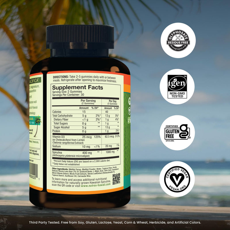Nutrex Hawaii Pure Hawaiian Spirulina Gummies, Sugar-Free, Vegan, 60 Count | Spirulina Farm Grown in Kona, Hawaii, Superfood Supplement w/ Vitamin D3, Non-GMO, Glyphosate Residue Free, 3rd Party Tested 60 Count (Pack of 1)
