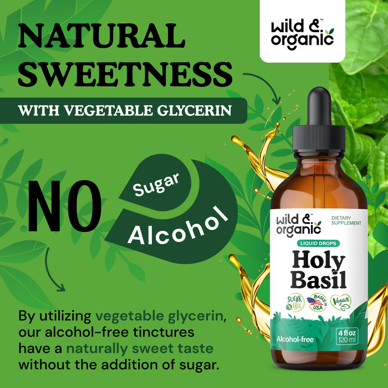 [Australia] - Wild & Organic Holy Basil Tincture - Relaxation & Calmness Support - Liquid Holy Basil Leaf Supplement - Tulsi Drops - Vegan, Sugar & Alcohol-Free Extract - 4 fl oz 4 Fl Oz (Pack of 1) 