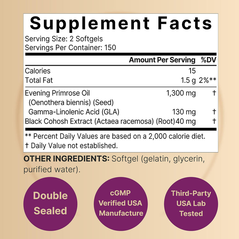 [Australia] - NatureBell Evening Primrose Oil with Black Cohosh, 1,300mg Per Serving, 300 Mini-Softgels | Cold Pressed Seeds, Retains 130mg GLA for Womens Health & Skin Care Support – Hexane Free, Non-GMO 