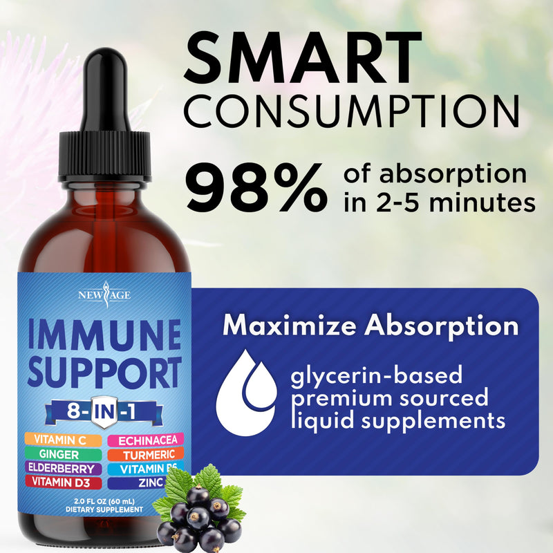 NEW AGE 8-in-1 Immune Support Liquid Drops – Elderberry, Turmeric Curcumin, Echinacea, Ginger, Vitamins C & D3, Zinc & B6 – Fast-Absorbing Immune & Antioxidant Support – Vegan, Non-GMO – 2 oz 2 Fl Oz (Pack of 1)