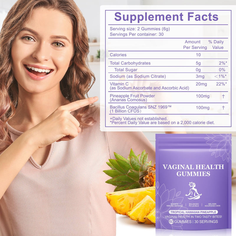 Premium Feminine Balance Gummies 60PCS - Vegan Pineapple Probiotic Gummies for Women's pH Balance & Immune Support, Gluten-Free Vaginal Health Supplement