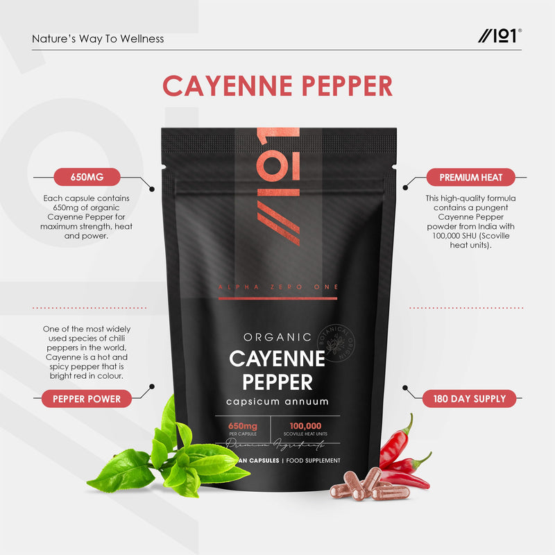 Organic Cayenne Pepper Capsules 650mg (per Capsule) – 100,000 Scoville Heat Units – 180 Vegan Capsules - Resealable and Recyclable Pouch by Alpha01 1 count (Pack of 180)