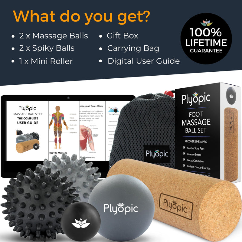 [Australia] - Massage Ball Set – Complete 5-Piece Kit: Spiky, Lacrosse & Mini Precision Balls + Roller – Plantar Fasciitis, Foot Arch & Heel Relief – Trigger Point Therapy for Back, Neck, Shoulders & Full Body Modern Grey & Black With Natural Cork Roller 