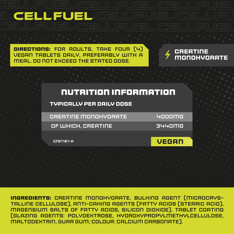 Creatine Monohydrate Tablets 4000mg | 365 Vegan Pills | High Strength Supplement for Women and Men | by CELLFUEL