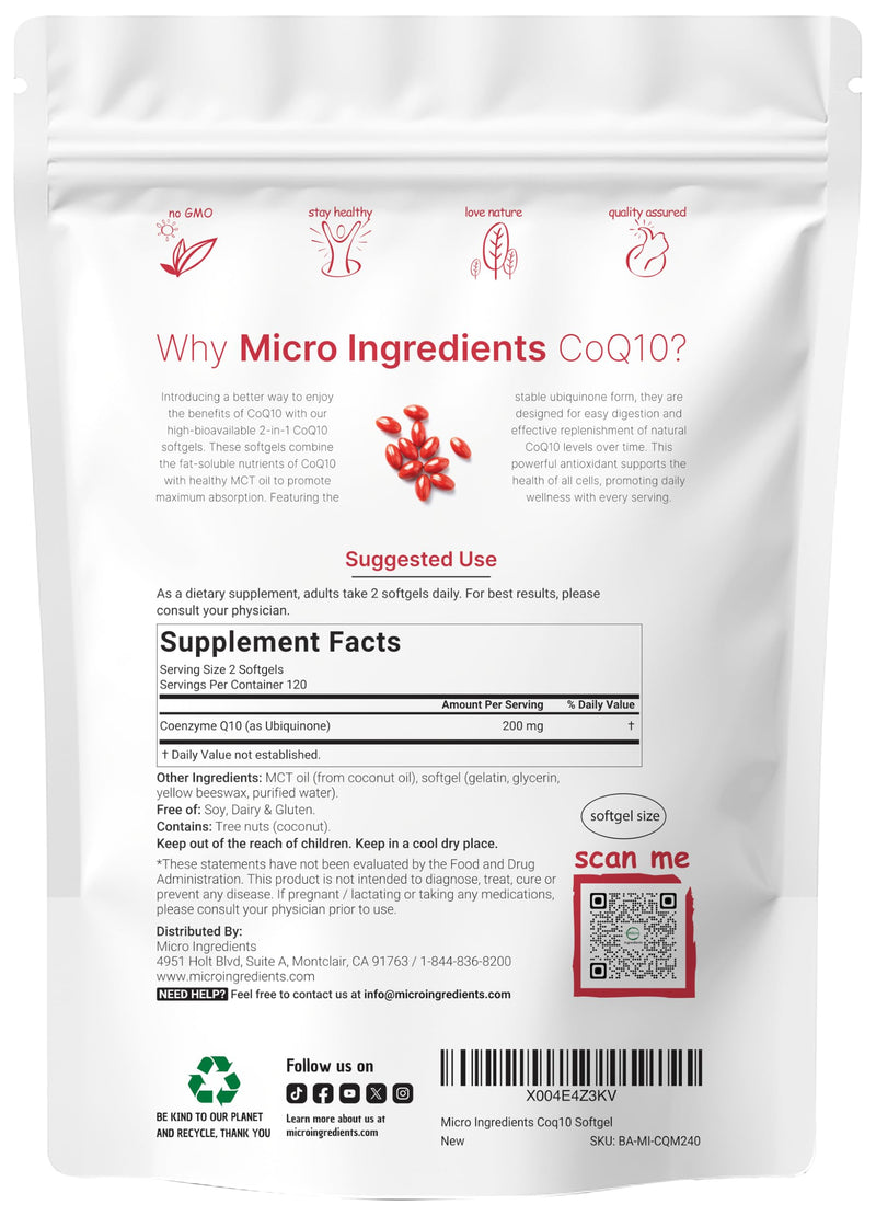 [Australia] - Micro Ingredients CoQ10 200mg Per Serving | 240 Softgels with Coconut MCT Oil | High Absorption Coenzyme Q10 as Ubiquinone | Antioxidant Support for Heart & Energy Health | Non-GMO 