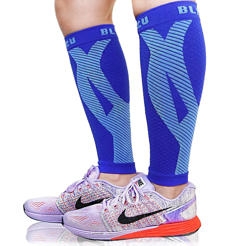 BLITZU 3 Pairs Calf Compression Sleeves for Women and Men Size XXL, One Blue, One Black, One White Calf Sleeve, Leg Compression Sleeve for Calf Pain and Shin Splints. Footless Compression Socks.