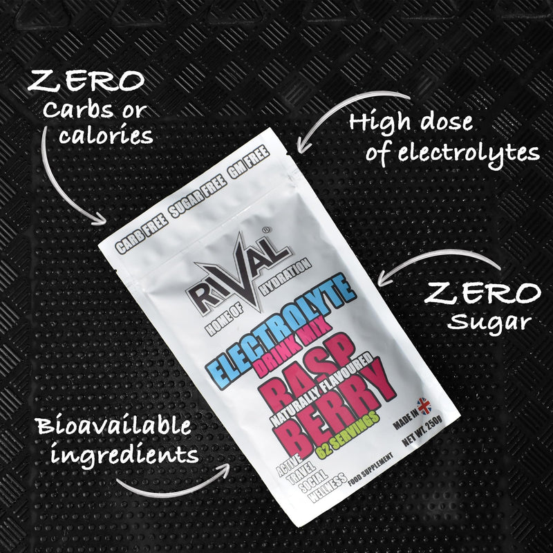 Rival Electrolyte Powder 250g Rapid Rehydration Naturally Flavoured, Sugar Free, Zero Carbs, Vegan, Keto Friendly - 62 Servings Made in The UK | Raspberry