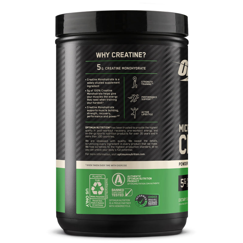 Optimum Nutrition Creatine, Micronized Creatine Monohydrate Powder, Supports Strength & Recovery, Banned Substance Tested, Unflavored, 5 g per Serving, 120 Servings | 5g Micronized Creatine Monohydrate Powder Per Serving, Supports Muscle Strength & Pow...