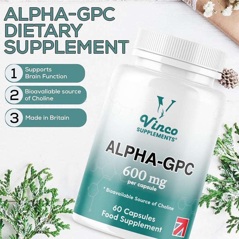 Vinco Alpha GPC 600mg in One Capsule - 60 Capsules = 60 True Servings - Pure Choline Supplement - Nootropic for Brain Support, Focus, Memory, Motivation & Energy - Alpha GPC Rich - Made in The UK