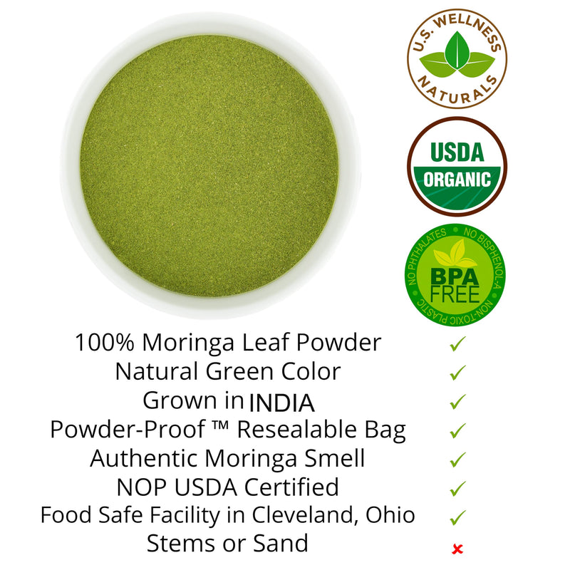 U.S. Wellness Naturals Moringa Powder 1LB (16Oz) 100% Certified Organic| 100% Pure Moringa Leaf NO Stems| - Raw from India | Smoothies | Drinks | Tea | Recipes - Resealable Bag