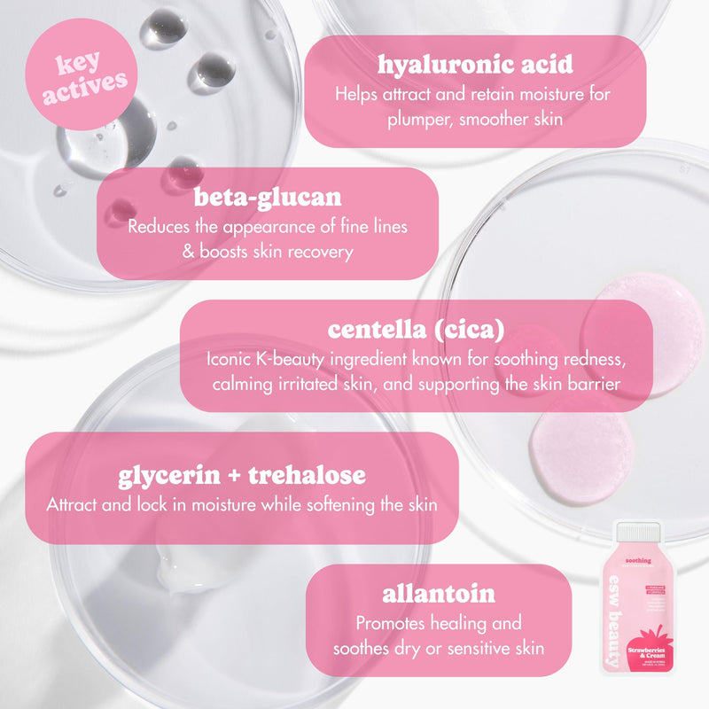 ESW Beauty Strawberries & Cream Soothing Face Mask, Korean Skin Care 1 Pack | Calming Face Mask with Strawberry, Coconut, Hyaluronic Acid, Centella & Vitamins C & E for Hydrating Skin, Skincare for Women 1 Mask