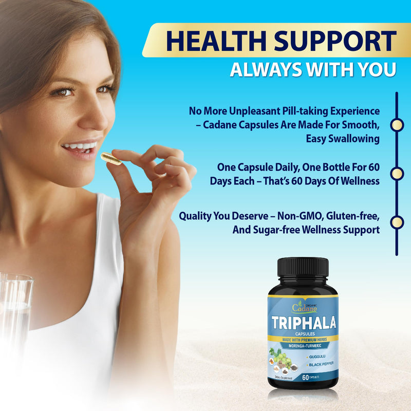 [Australia] - Organic Cadane Triphala Extract Capsules - 6 Premium Ingredients Complex with Turmeric, Moringa, Guggul, Ginger, and Black Pepper - 60 Caps for 2 Months Supply 