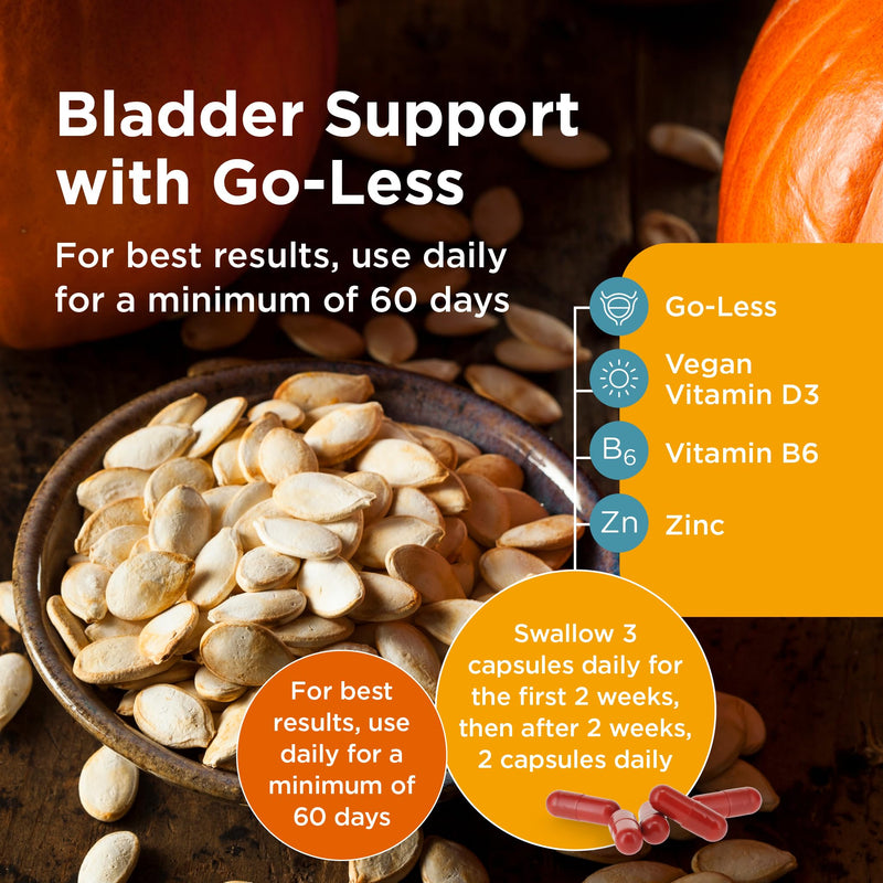 Healthspan Bladder Support with Go-Less® | Supports Good Bladder Health & Urinary Flow | 300 mg Go-Less® | Pumpkin Seed Extract & Soy Germ Extracts | Added Vitamin B6, D3 & Zinc | Vegan (60 Capsules) 60 count (Pack of 1)