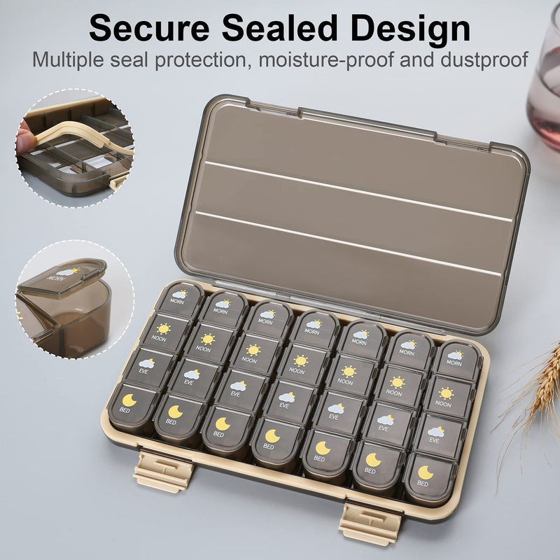 Acedada Pill Organizer 4X A Day, 7 Day Pill Box 4 Times A Day, Brown | Large Weekly Pill Box, Travel Medicine Organizer Case, Easy to Open, Daily Pill Container for Vitamin, Fish Oil, Supplements