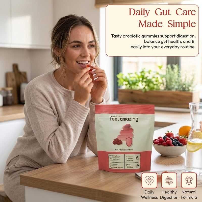 Feel Amazing Gut Health Probiotic Gummies - with 1 Billion Live Cultures & Vitamin C - 60 Orange-Flavoured Gummies - 1 Month Supply