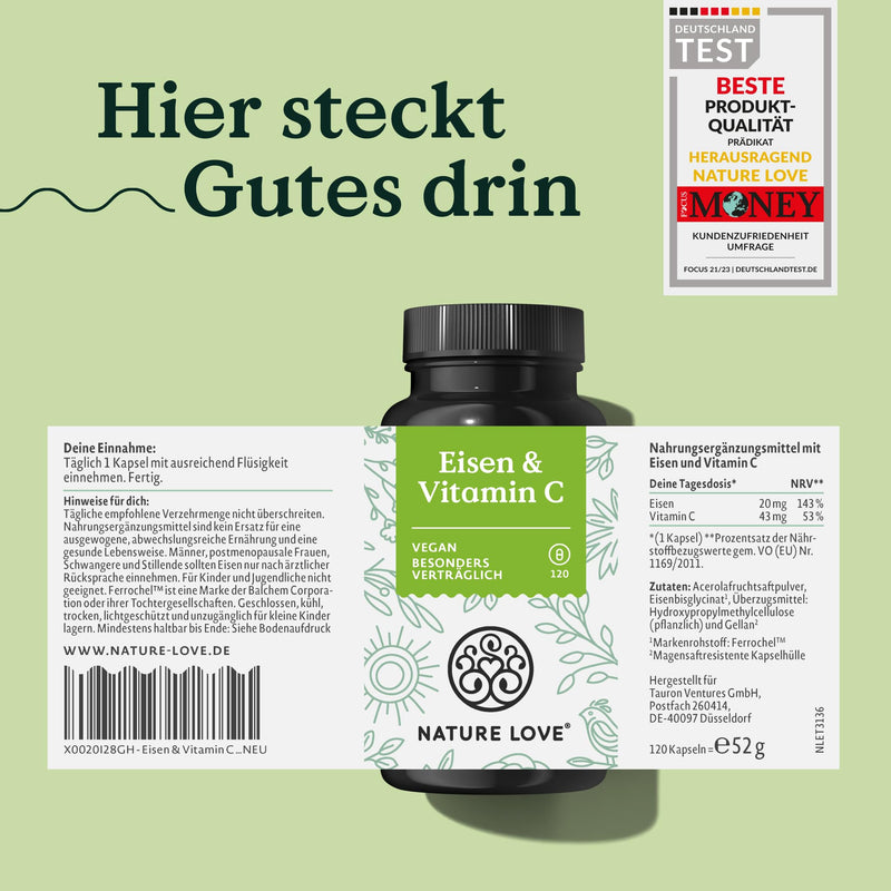 [Australia] - NATURE LOVE® iron with 43mg natural vitamin C - 20mg iron bisglycinate - 120 capsules - vegan, tasteless - produced in Germany 