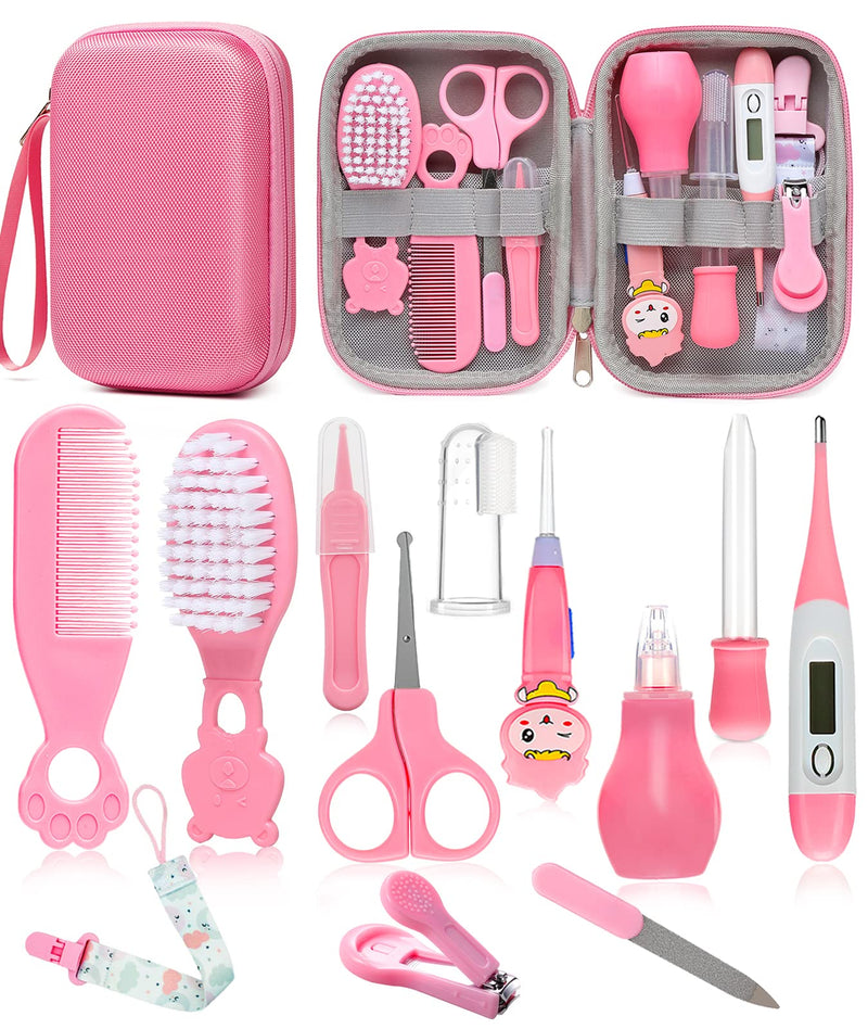 Baby Healthcare and Grooming Kit, Safety Newborn Nursery Care Set, with Hair Brush Comb, Nail Clipper, Thermometer, Pacifier Clip, Nasal Aspirator for Newborn Infant Baby Girls Boys (Pink.) Pink