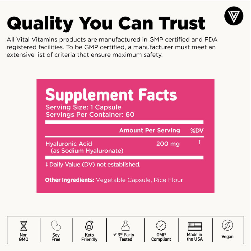Vital Vitamins Hyaluronic Acid Supplements, 60 Capsules | 200mg Low Molecular Weight HA, Supports Skin Hydration, Elasticity & Joint Comfort, Vegan & Non-GMO 60 Count (Pack of 1) Hyaluronic Acid Pure