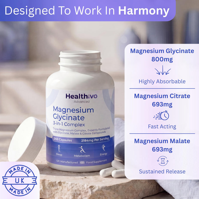 Magnesium Glycinate 3-in-1 Complex, 240 Capsules, UK Made | Magnesium Bisglycinate, Citrate & Malate Complex, Sleep & Relaxation, Vegan, 2 Months Supply, Supplement for Women & Men
