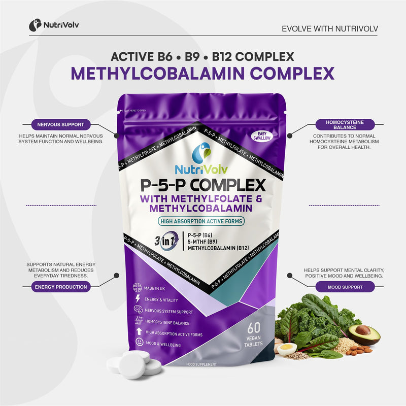 P5P Complex | 60 Vegan Tablets | with Active B6 (Pyridoxal-5-Phosphate), Methylfolate (5-MTHF) & B12 (Methylcobalamin) | High Absorption Formula for Energy, Mood & Hormone Support | by NutriVolv