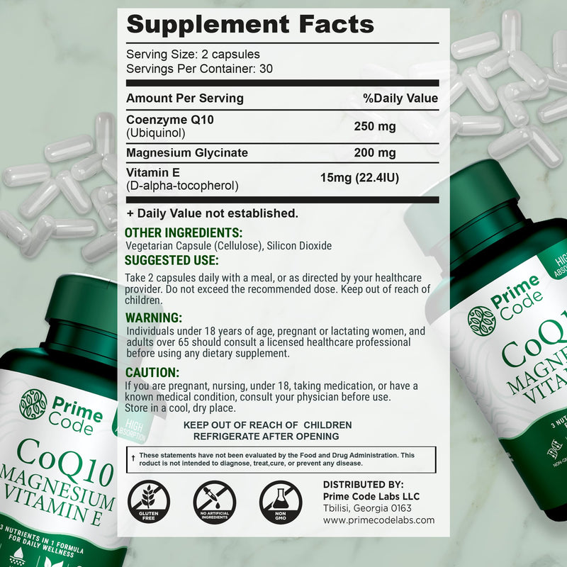 Prime Code [ 3 𝐢𝐧 𝟏] CoQ10 250mg with Magnesium Glycinate and Vitamin E | CoQ10 Capsules 250mg | Magnesium Glycinate 200mg | Vitamin E 15mg | Non-GMO | Gluten & Soy Free | Vegan