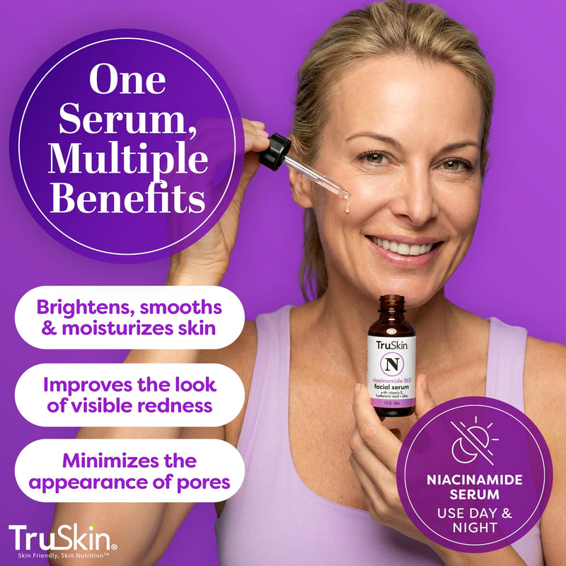 TruSkin Niacinamide Serum for Face with Hyaluronic Acid & Aloe, 1 fl oz | Pore-minimizing Vitamin B3 serum with Vitamin E helps balance uneven tone and support clearer, smoother-looking skin
