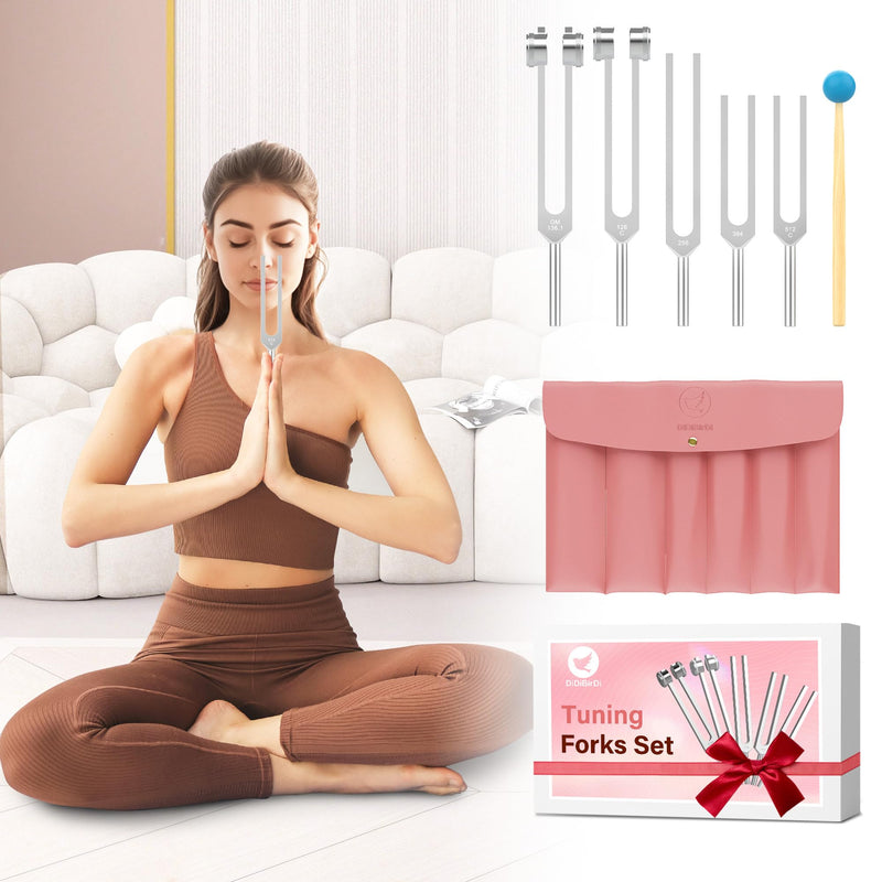 [Australia] - Tuning Fork Set 5pcs 128HZ, 136.1HZ, 256HZ, 384HZ, 512HZ, Equipped with PU Leather Bag and Rubber Hammer, Suitable for Yoga, Meditation, Relaxation 