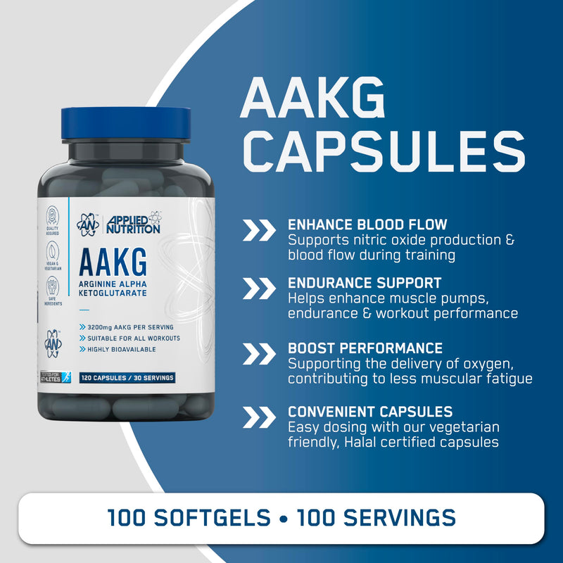 Applied Nutrition AAKG - L Arginine Alpha Ketoglutarate 800mg per Capsule, Nitric Oxide, Pre Workout Energy Boost, Muscle Pump Supplement (120 Capsules - 30 Servings)
