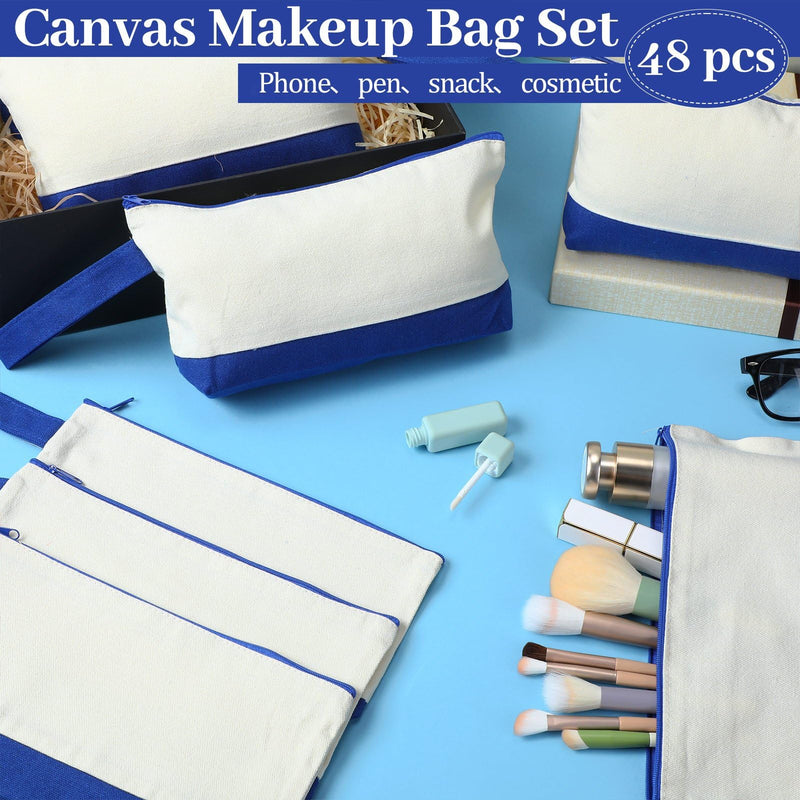 Silkfly 48 Pcs Cotton Canvas Makeup Bags Cosmetic Zipper Bags 10.2 x 5.5 x 2'' Blank DIY Pouch Bulk Pencil Case with Bottom Travel Toiletry Pouch for Women Craft Decor Gift (Beige and Blue) Beige and Blue