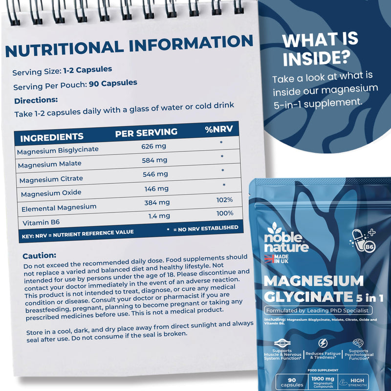 Magnesium Glycinate 5-in-1 Complex Formulated by PhD Expert High Strength 1900mg Supplements as Bisglycinate, Malate, Citrate, Oxide & Vitamin B6-90 GMO Free Capsules, 384mg Elemental, UK Made (90) 90