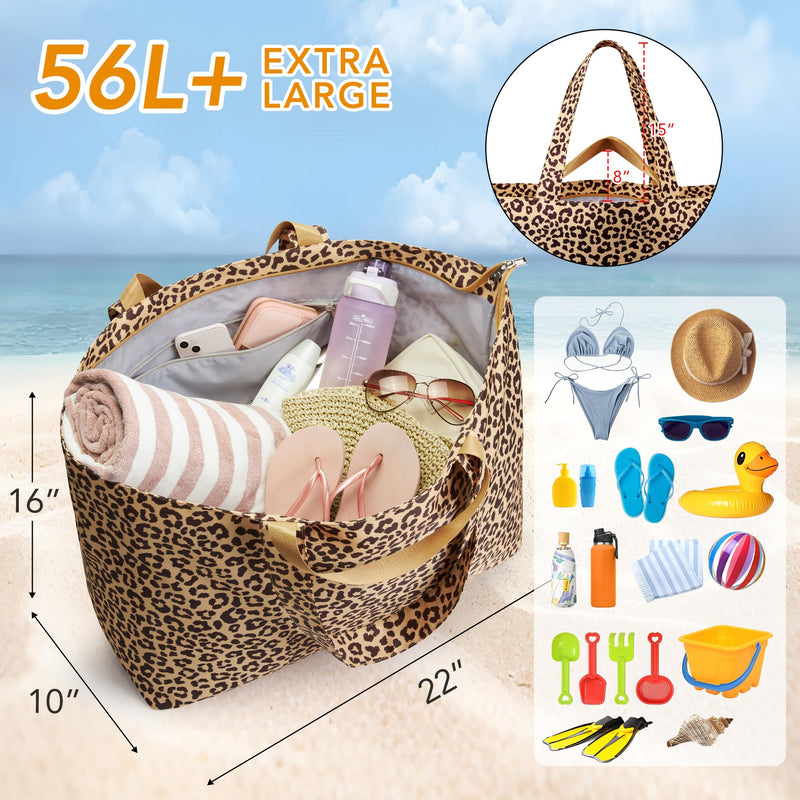 KALIDI 60L Extra Large Beach Tote Oversized Bag Zipper Utility Weekender | Anti Splash Huge Foldable Lightweight Duffle Carrier for Vacation Travel Shopping Reusable Grocery Organize Leopard