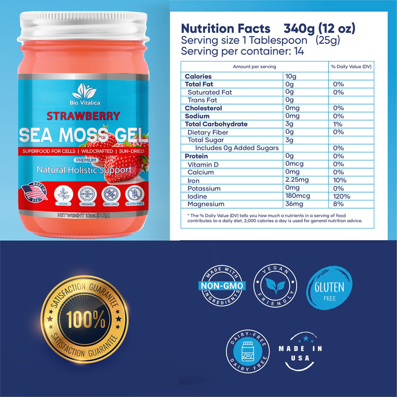 Organic Irish Sea Moss Gel - USA Made (Pack of 1, Strawberry) 12 Ounce (Pack of 1)