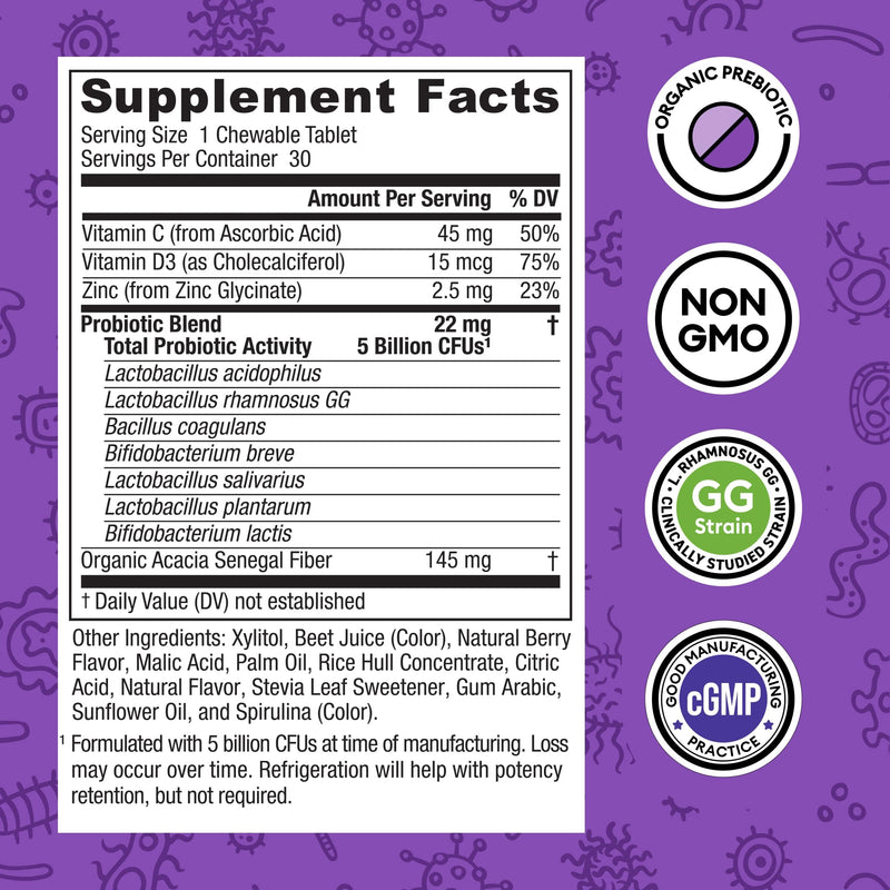 [Australia] - Physician's CHOICE Probiotics for Kids - 7 Diverse Strains, Organic Prebiotics, Vitamins & Minerals - Clinically Studied L. Rhamnosus GG - Immune & Digestive Support - No Sugar or Artificial Dyes Tart Berry 30 Count (Pack of 1) 