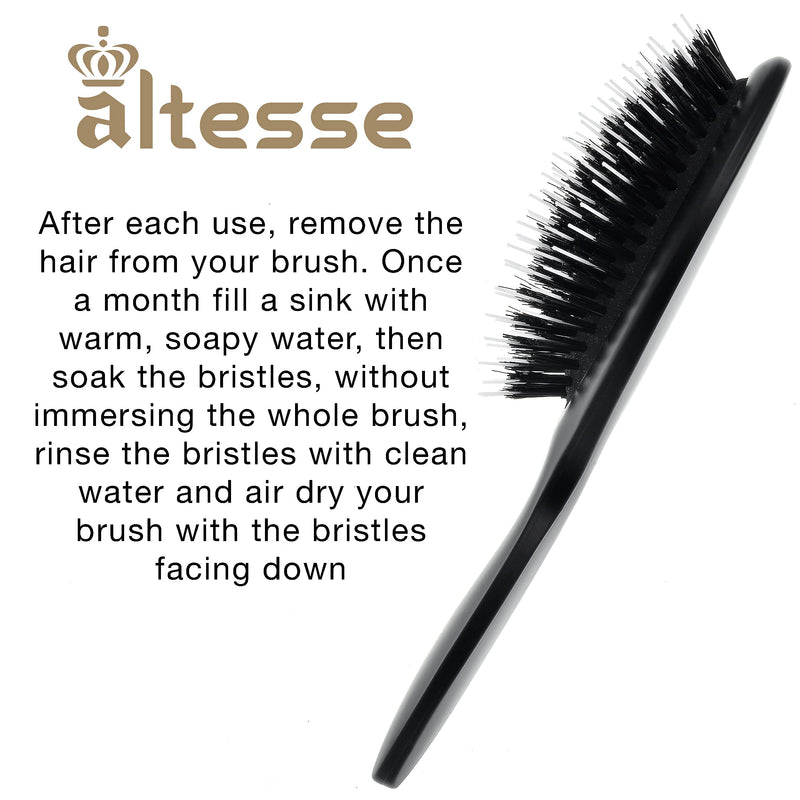Altesse 8907 Natural Bristle Hair Brush Detangler Brush Medium Air Cushion Matte Black Handle with 7 Rows of Black Boar Bristle and Nylon Hairbrush for Thick Hair Styling and Detangling Made in France Black Bristle/Nylon