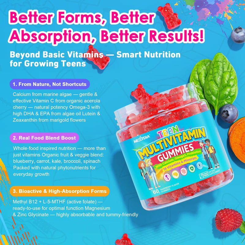 Teen Methylated Multivitamin Gummies + Algae Omega 3, Superfoods, Probiotic | Boys Girls 12-19, Vitamin A C D3 K2 B Complex, Calcium Magnesium Zinc for Bone, Brain, Immune & Gut Support, No Sugar, 2 Pack