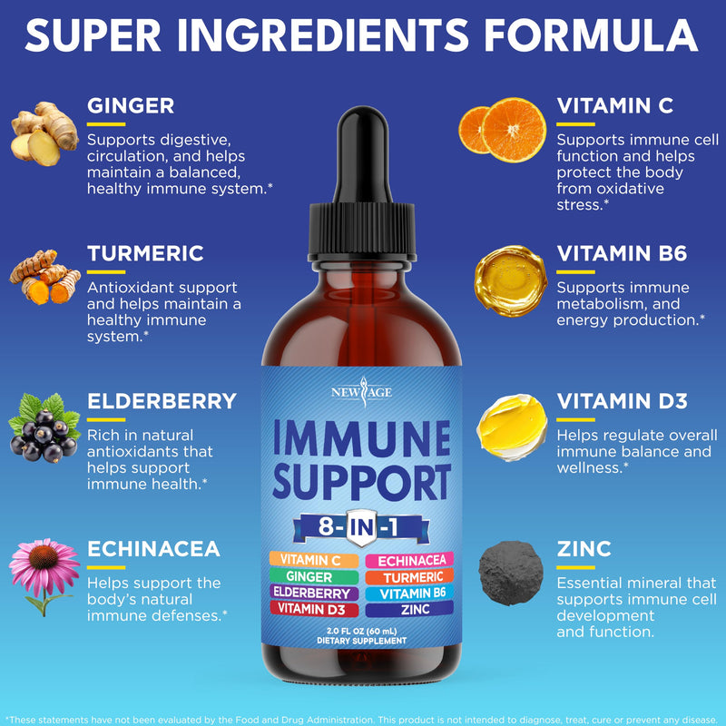 NEW AGE 8-in-1 Immune Support Liquid Drops – Elderberry, Turmeric Curcumin, Echinacea, Ginger, Vitamins C & D3, Zinc & B6 – Fast-Absorbing Immune & Antioxidant Support – Vegan, Non-GMO – 2 oz 2 Fl Oz (Pack of 1)