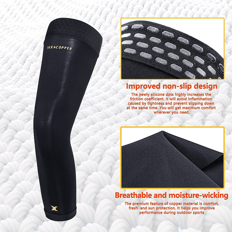 Thx4COPPER Full Leg Compression Sleeves, Anti Slip Long Leg Knee Stabilizer Brace, Knee Thigh Calf Support for Running Basketball Cycling Football, Leg Protection Knee Pain Relief Arthritis Recovery,Men & Women(Pair) X-Small