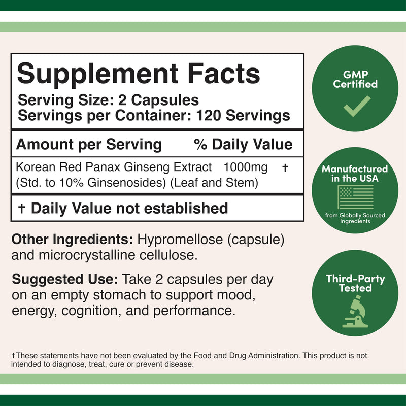 [Australia] - Ginseng Capsules (Korean Red Ginseng Extract, Panax Ginseng 10% Ginsenosides) (4 Month Supply) 240 Vegan Capsules - 1,000mg per Serving for Mood, Cognitive Function and Energy Support by Double Wood 