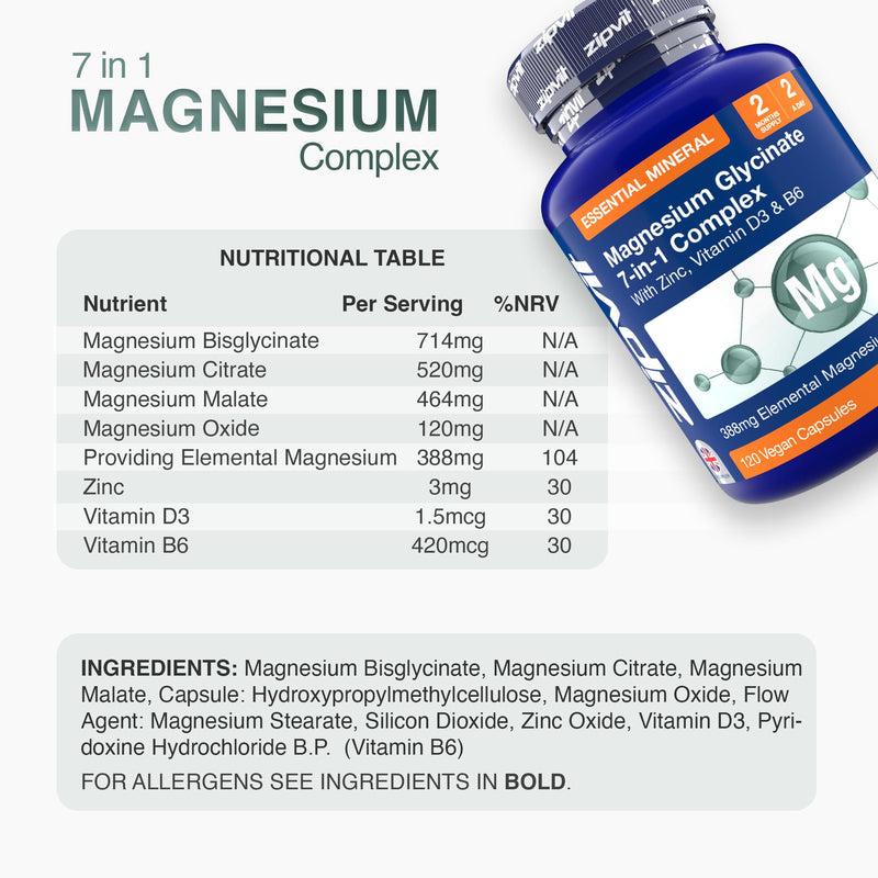 Zipvit Magnesium Glycinate 7-in-1 Complex, 1800mg with 388mg Elemental, High Absorption with Bisglycinate, Malate, Citrate, Oxide, Plus Vitamin D3, B6 & Zinc, 120 Capsules, Vegan Magnesium Supplements 7 in 1 Glycinate Complex - 120 Capsules - Jar