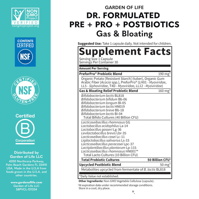 [Australia] - Garden of Life Dr Formulated Once Daily 3-in-1 Complete Prebiotics, Postbiotics & Probiotics for Women and Men - PRE + PRO + POSTBIOTIC Supplement for Gas & Bloating - 50 Billion CFU, 30 Day Supply 