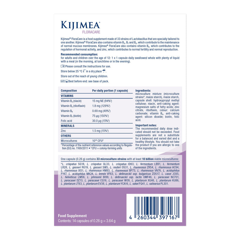 Kijimea® FloraCare - Inspired by the Natural Vaginal Microbiome | 33 Carefully Selected strains of Lactobacillus in a high Dosage + Vitamins B2, B3, B7, and Zinc - 14 pcs 14 count (Pack of 1)