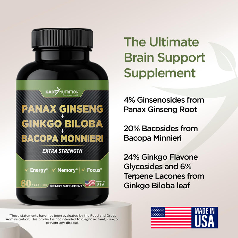 [Australia] - Gade Nutrition Ginkgo Biloba with Ginseng Supplement and Bacopa Monnieri | Brain Supplements for Memory and Focus with panax Ginseng & Ginko biloba Capsules - Memory Supplement for Brain 